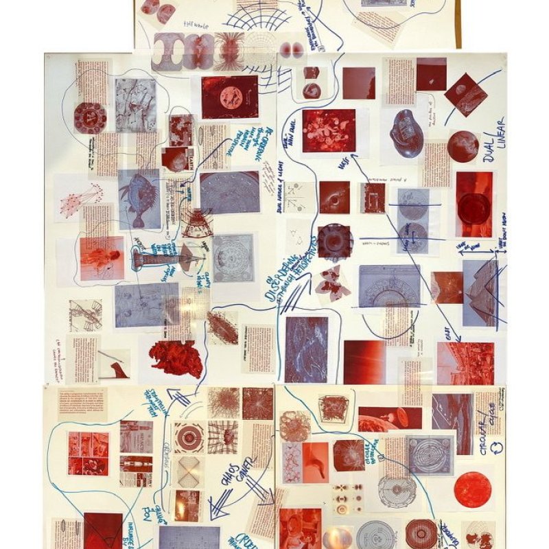 The finished collaborative collage from the summer camp: layered prints connected by hand-drawn lines and notes