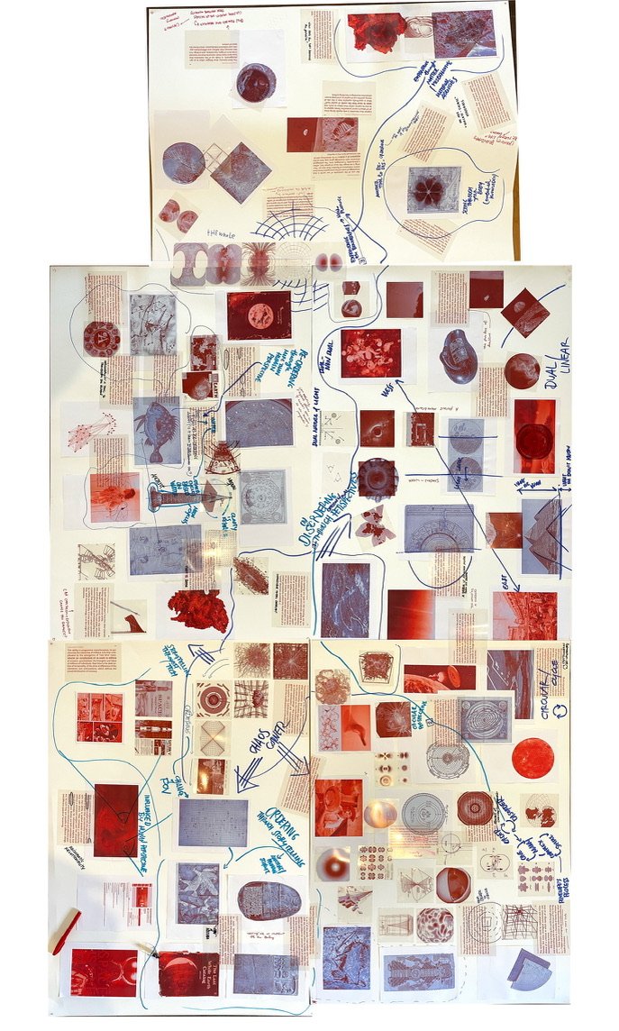 The finished collaborative collage: layered prints connected by hand-drawn lines and notes