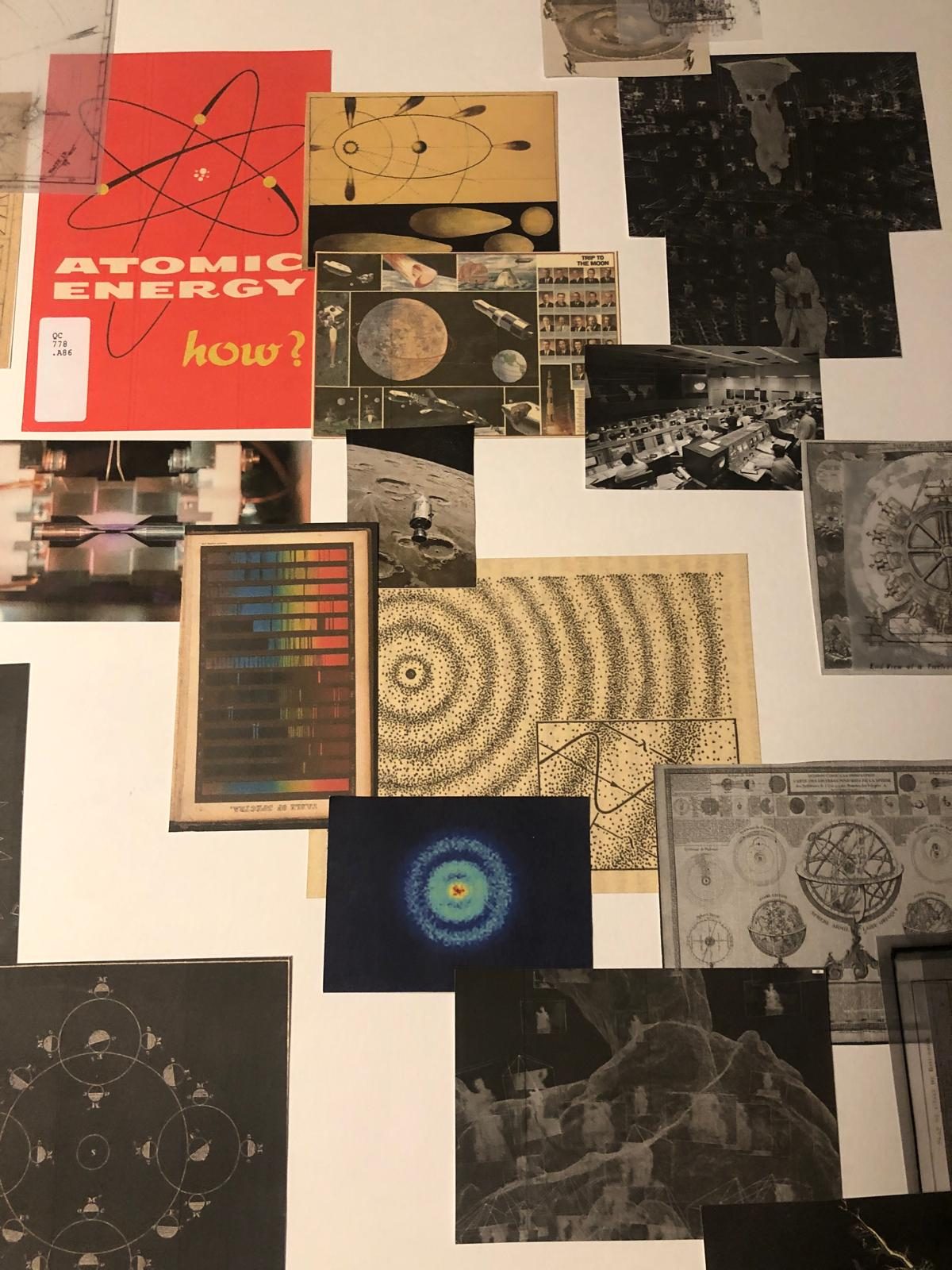Collage detail: vintage diagrams and an “Atomic Energy” booklet cover laid out on paper