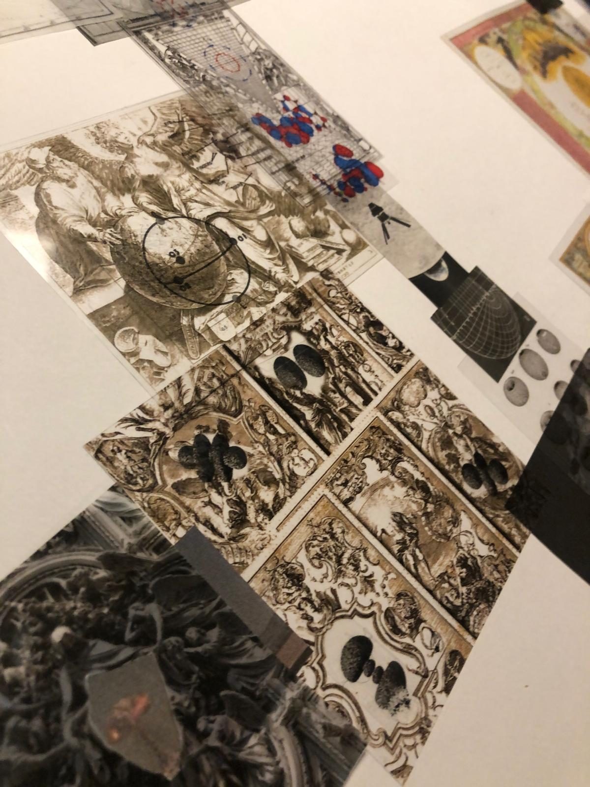 Collage detail: engravings and diagrams printed on overlapping transparent sheets
