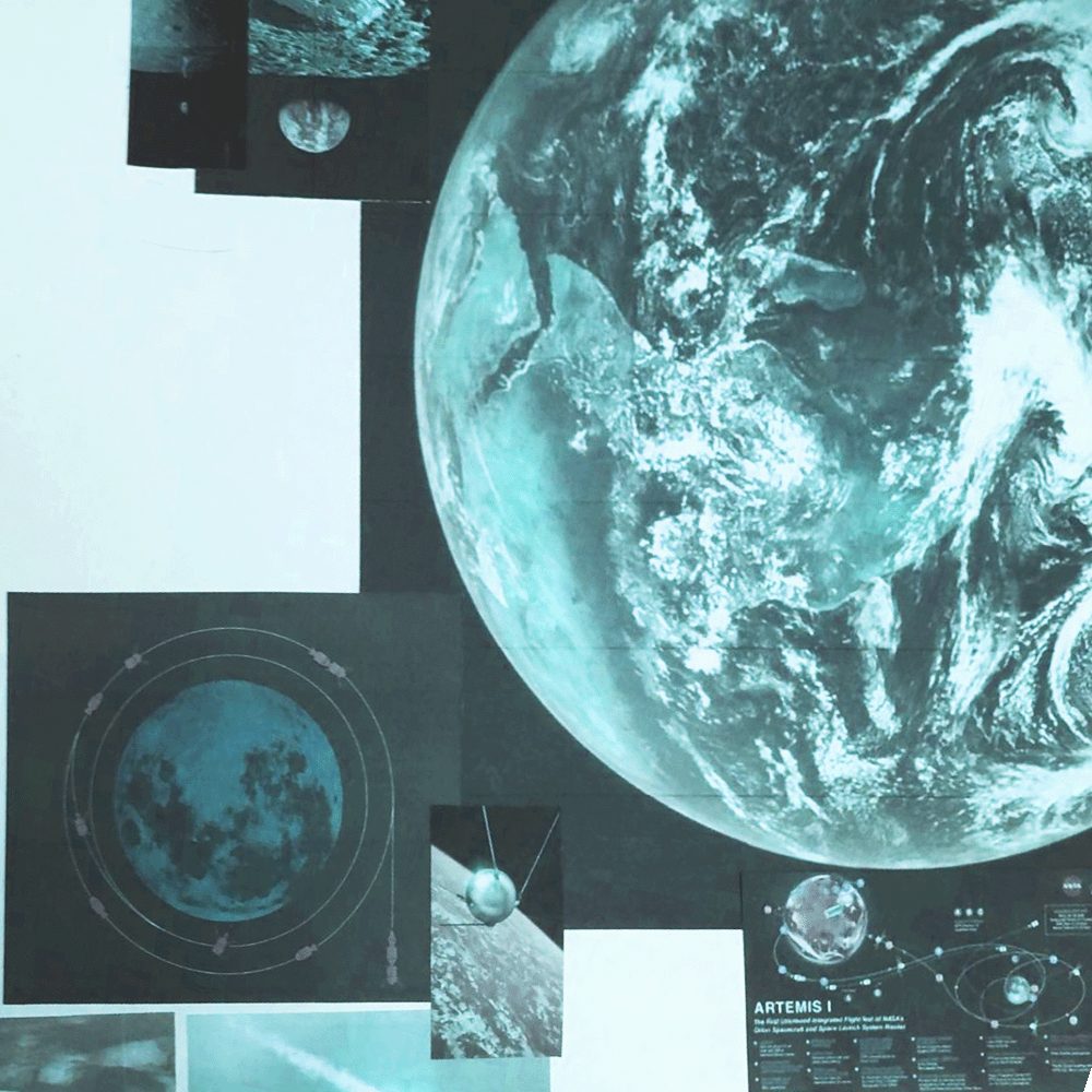 Collage detail: a large photograph of the Earth in cyan tones beside prints of the Moon and an Artemis I mission graphic