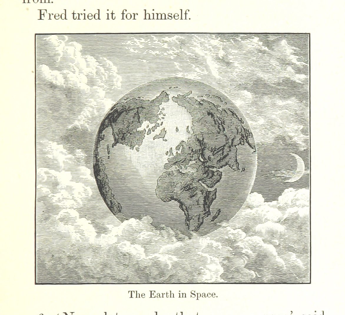 Old book engraving titled “The Earth in Space”: a globe surrounded by clouds, with a crescent moon
