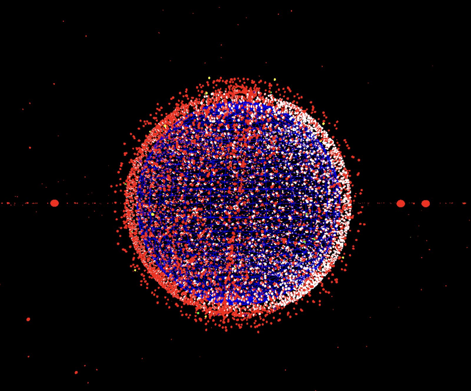 Screenshot of a globe made of red and blue points on a black background