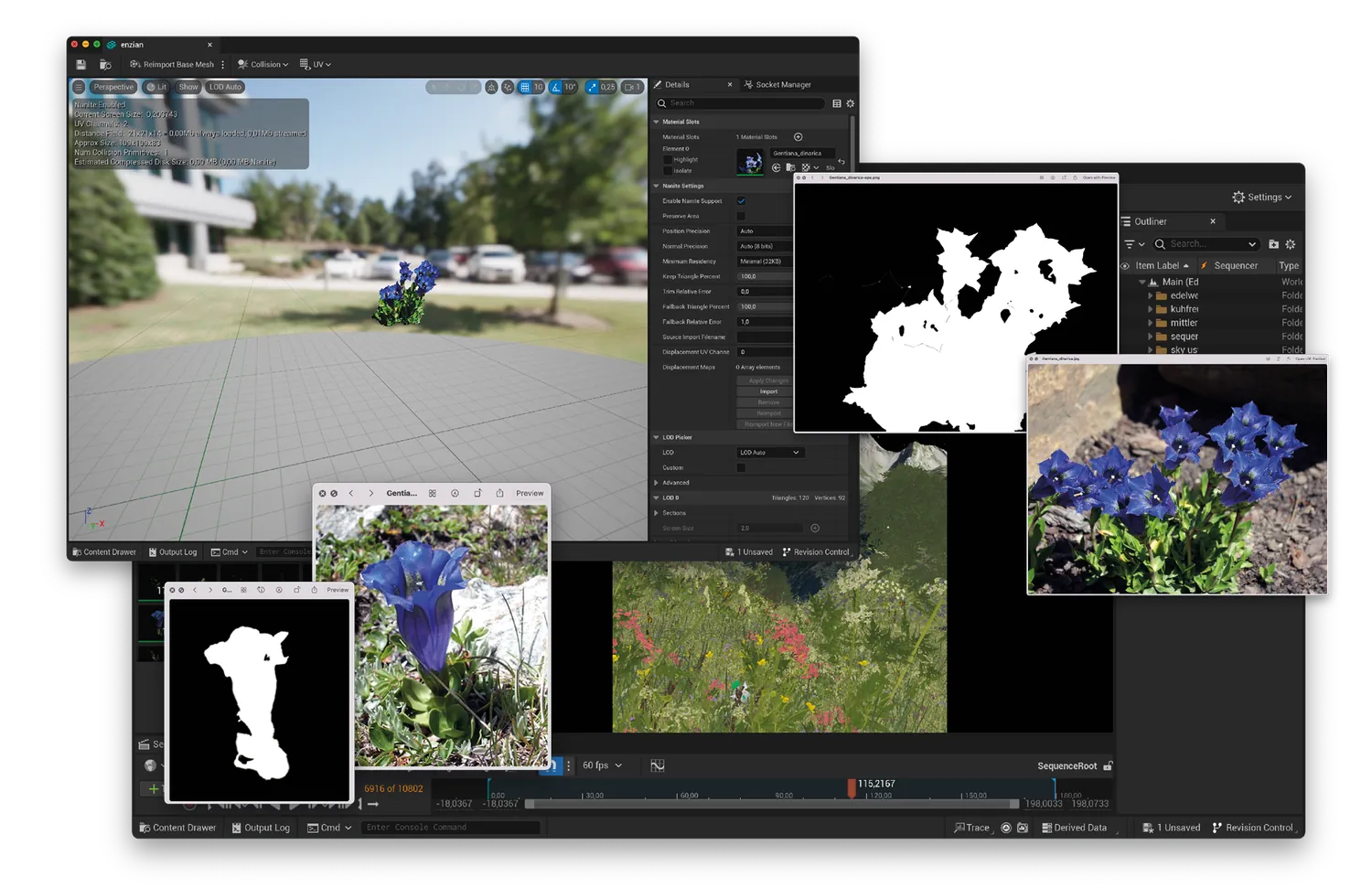Process documentation: a photographed gentian and its cut-out mask inside the modelling software