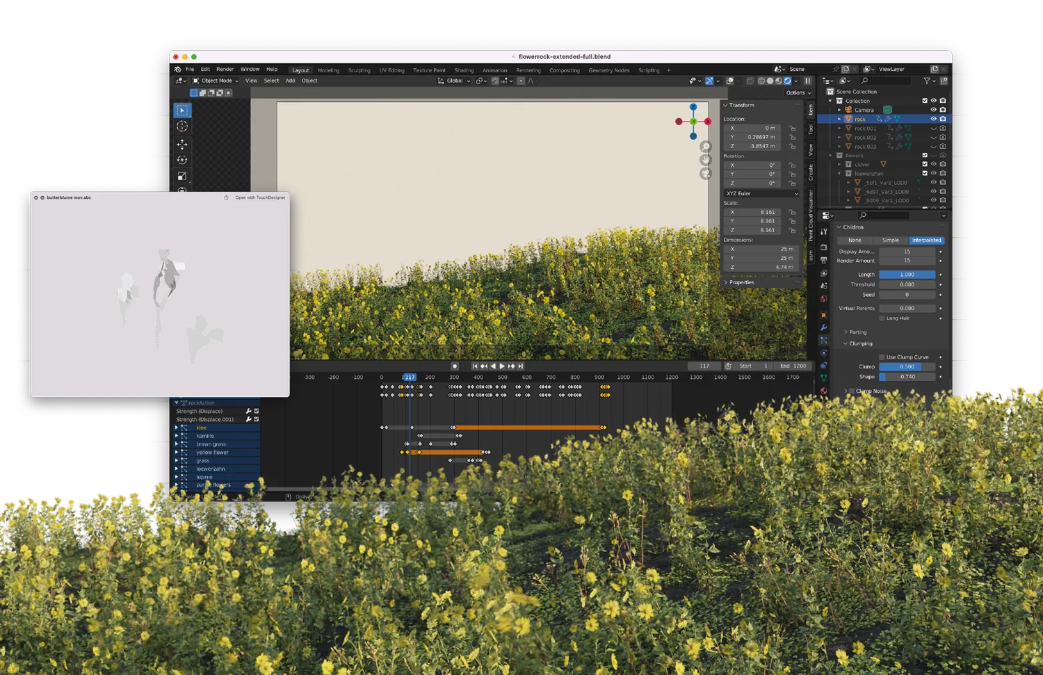 Process documentation: a 3D modelling window showing a meadow of yellow flowers