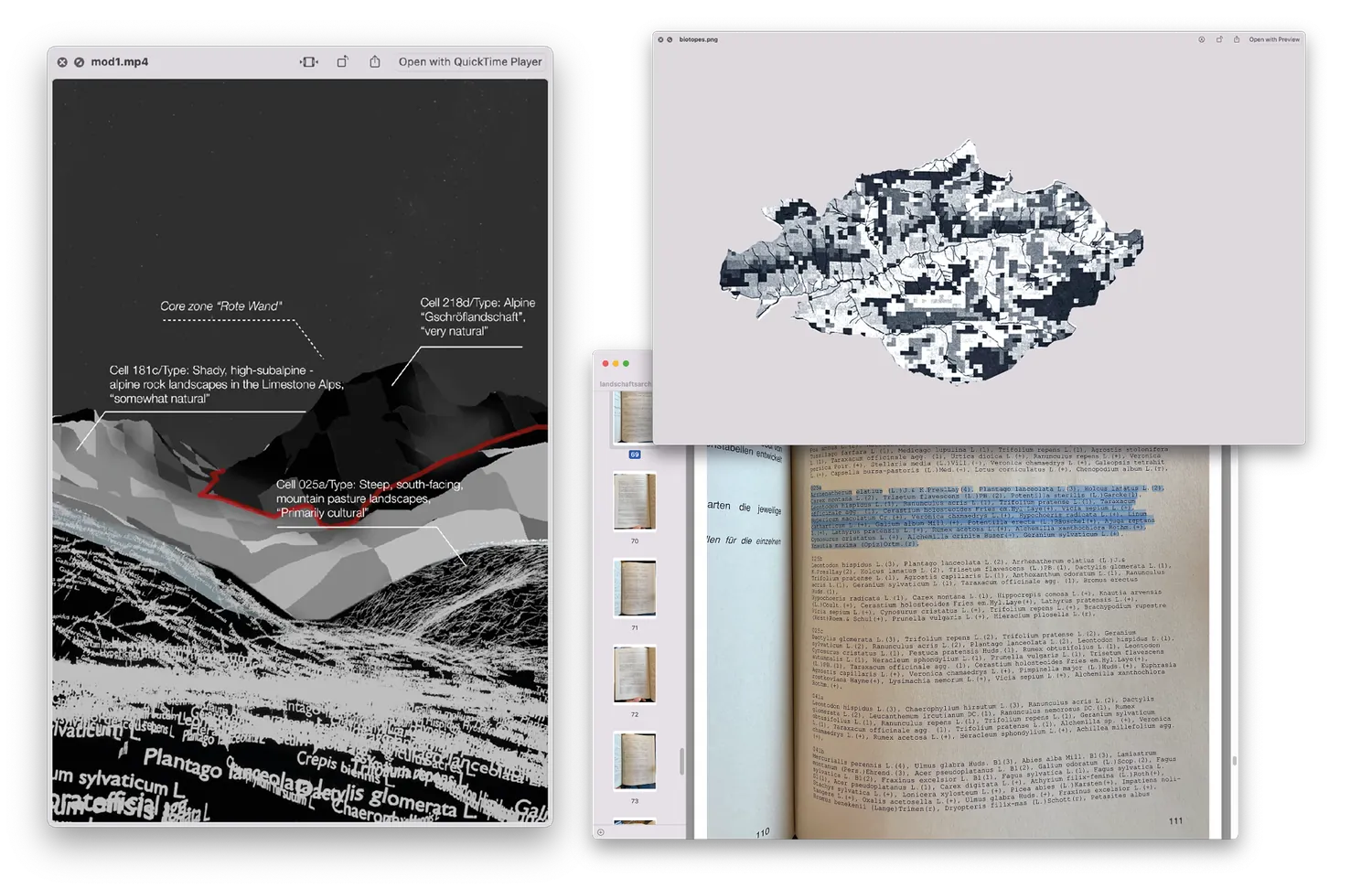 Process documentation: a terrain model with zoning lines beside a page of park regulations