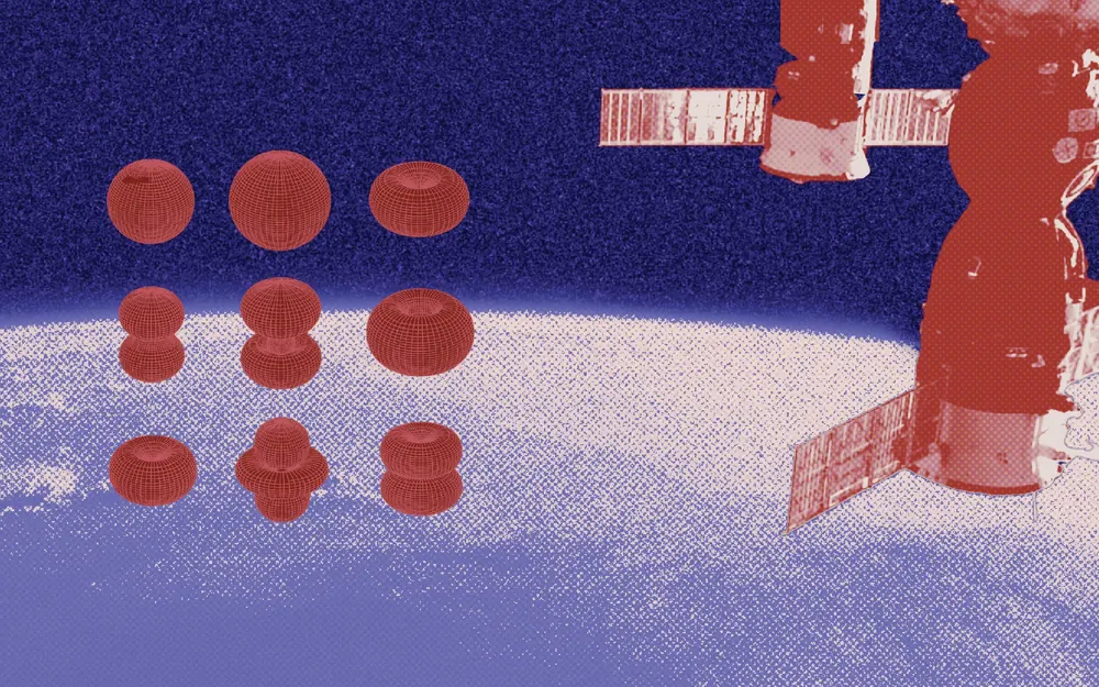 Red and blue halftone image of a space station above the Earth’s horizon, next to a grid of nine small objects