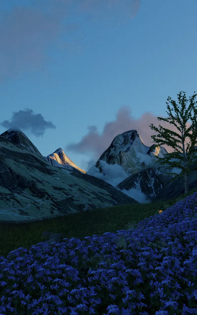 3D render of an alpine valley at dawn: snow-capped mountains above a field of blue flowers