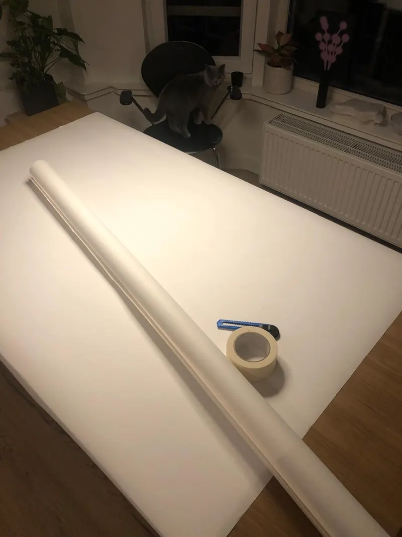 A roll of white paper and tape on a table by a window, preparing a large collage